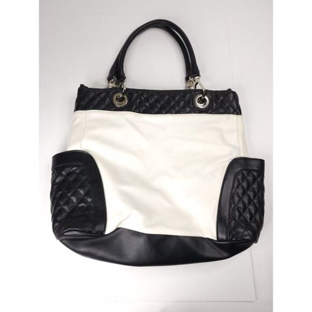 JM Purse White And Black Large‎ Tote Bag Yellow Lined Shoulder Bag